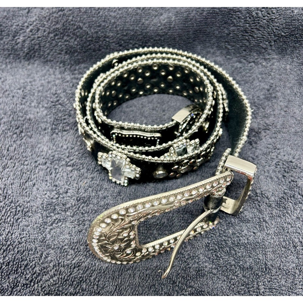 Mountain West Cross Rhinestone Black Leather Womens 34" Studded Western Belt (D2